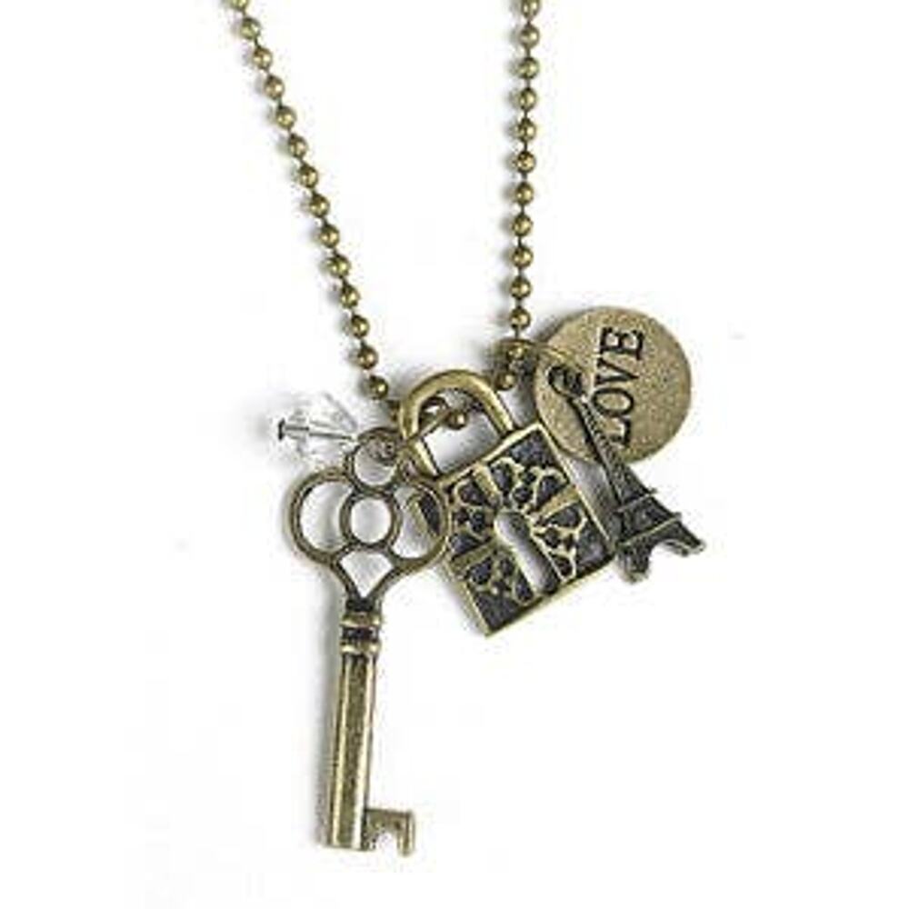 Monarch Five charm necklace Key Eiffel Tower Crystal Love Lock